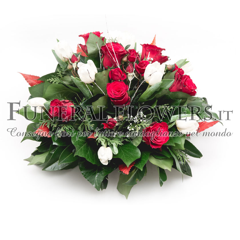 Corona di fiori funebre toni bianco e rosso